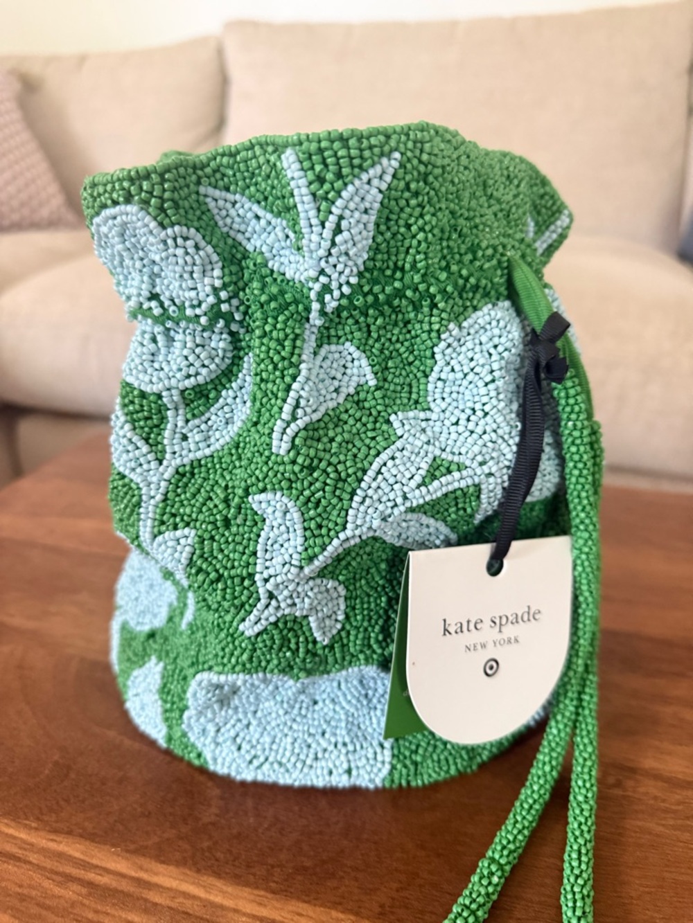 Kate Spade Purse Green and Light Blue Beaded Floral Drawstring